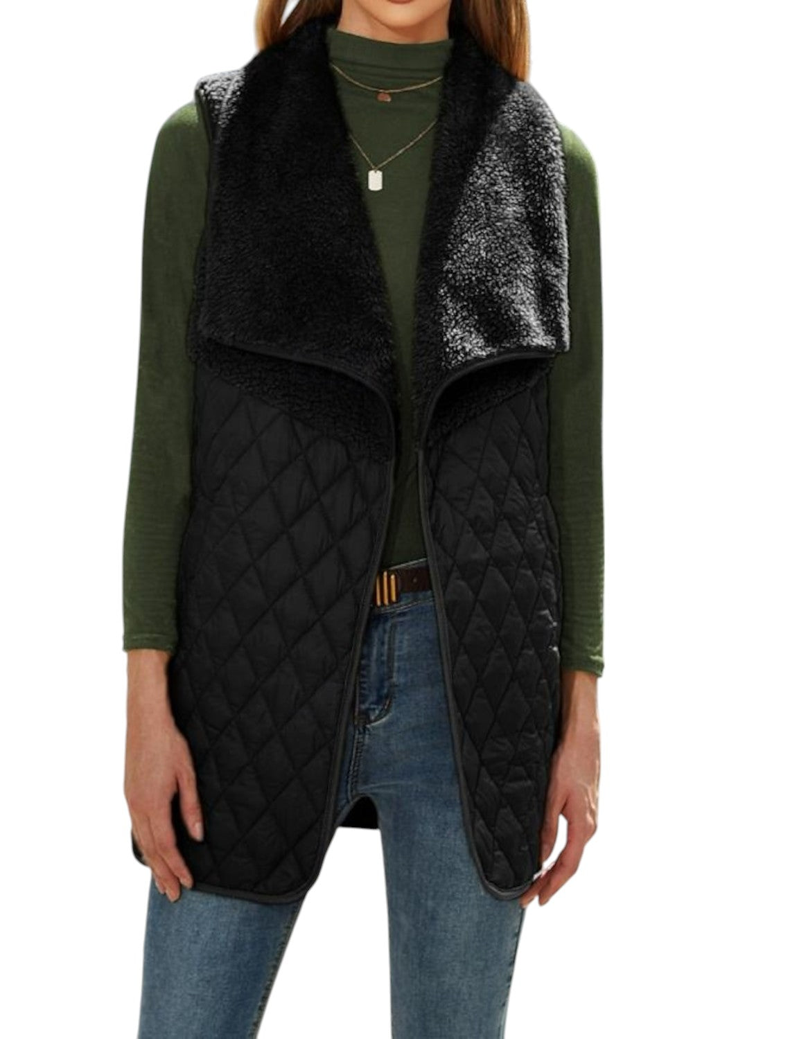 Vanessa - Stylish Quilted Vest with Wide Draped Collar and Open Front
