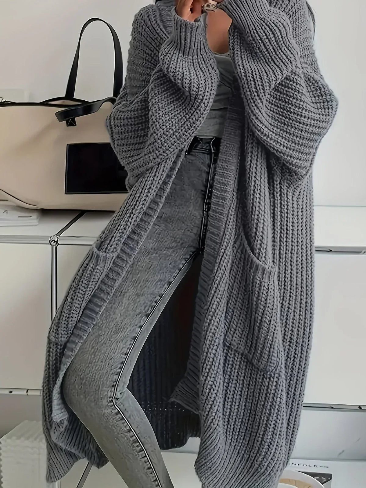Threadly - Women's Long Cable Knit Cardigan with Round Neck