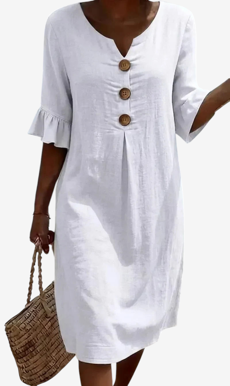 Abito da donna in lino con scollo a V e dettagli con bottoni