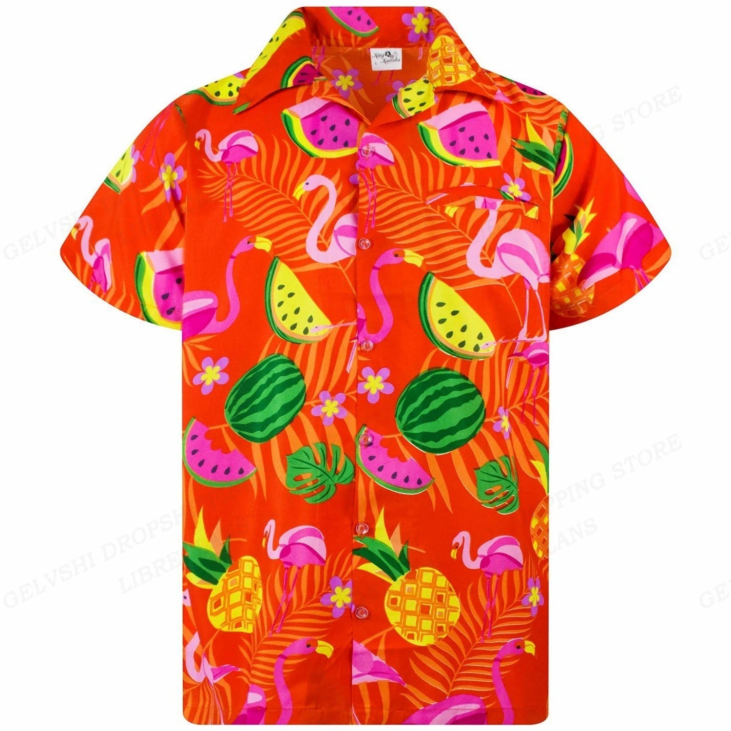 Marco - Camicia con stampa tropicale di fenicotteri e maniche corte