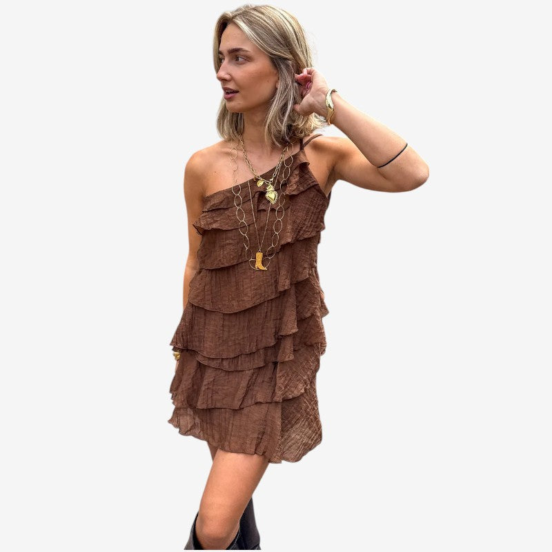 Women's One Shoulder Mini Dress with Ruffle Detail
