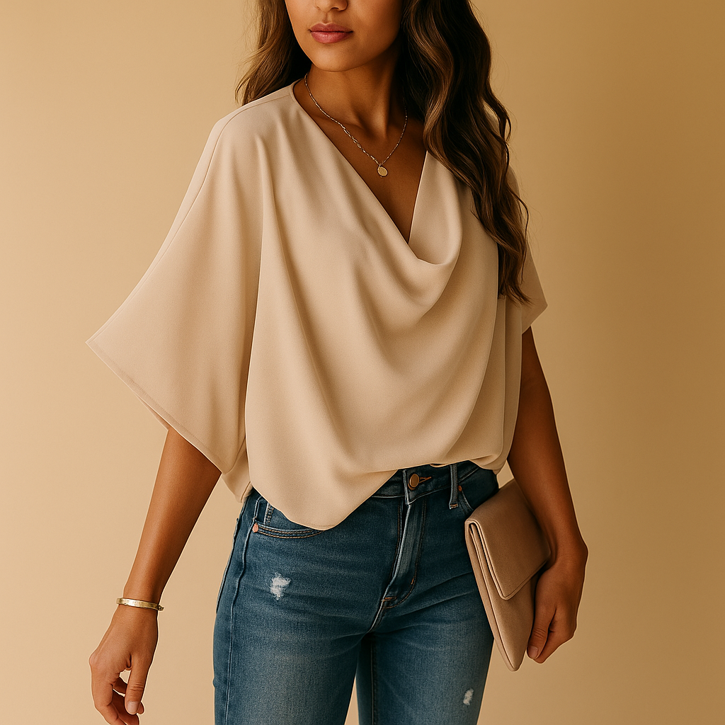 Esme – Draped blouse with batwing sleeves and deep V-neck