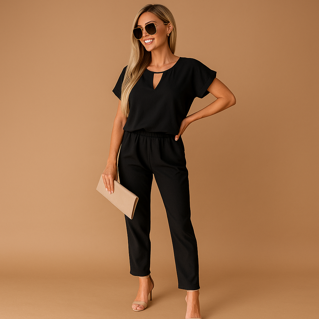 Delia - Modern jumpsuit with high waistband and short sleeves