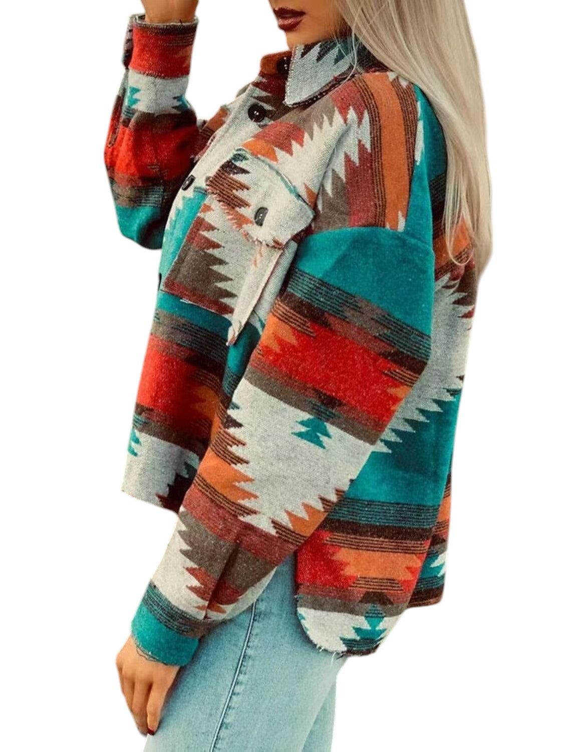 Rachel – Veste oversize à boutons, motif géométrique et poches poitrine