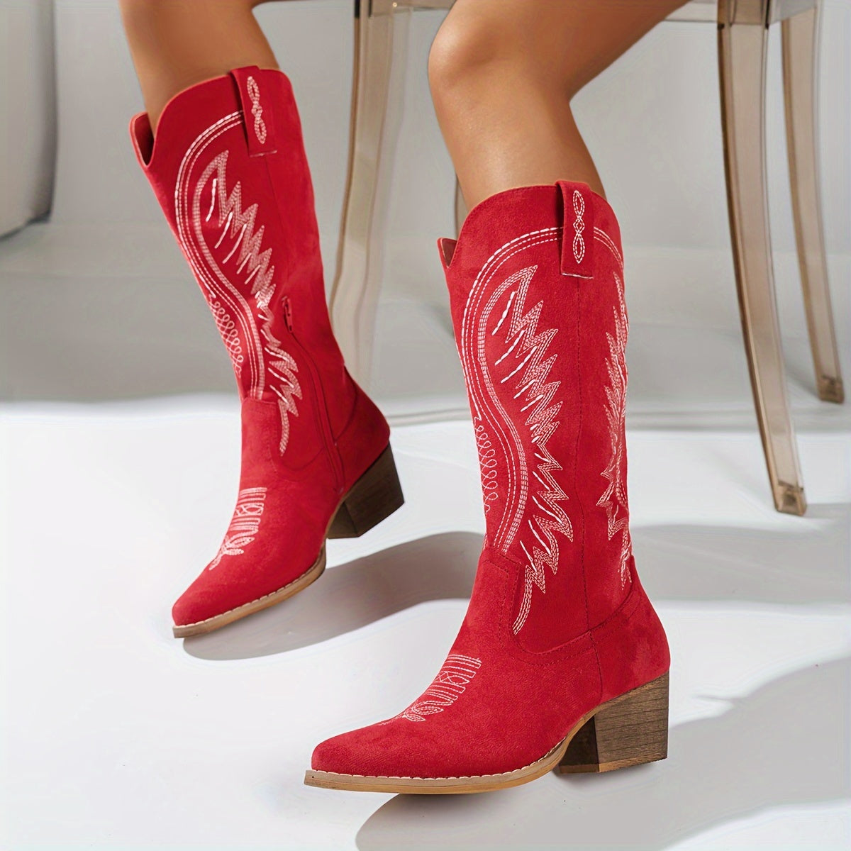 Wanda - Chic knee-high boots with embroidery and low block heel