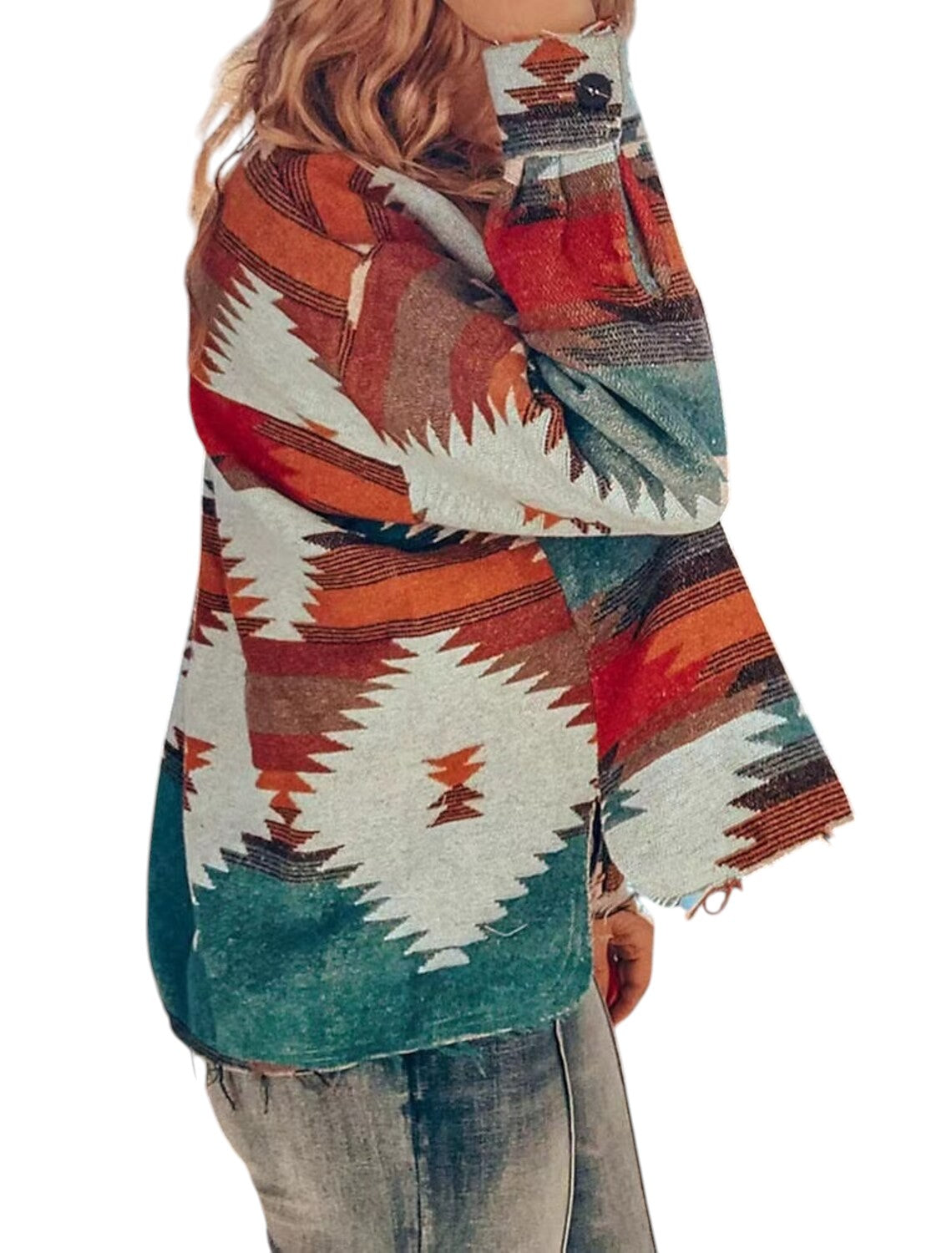 Rachel – Veste oversize à boutons, motif géométrique et poches poitrine