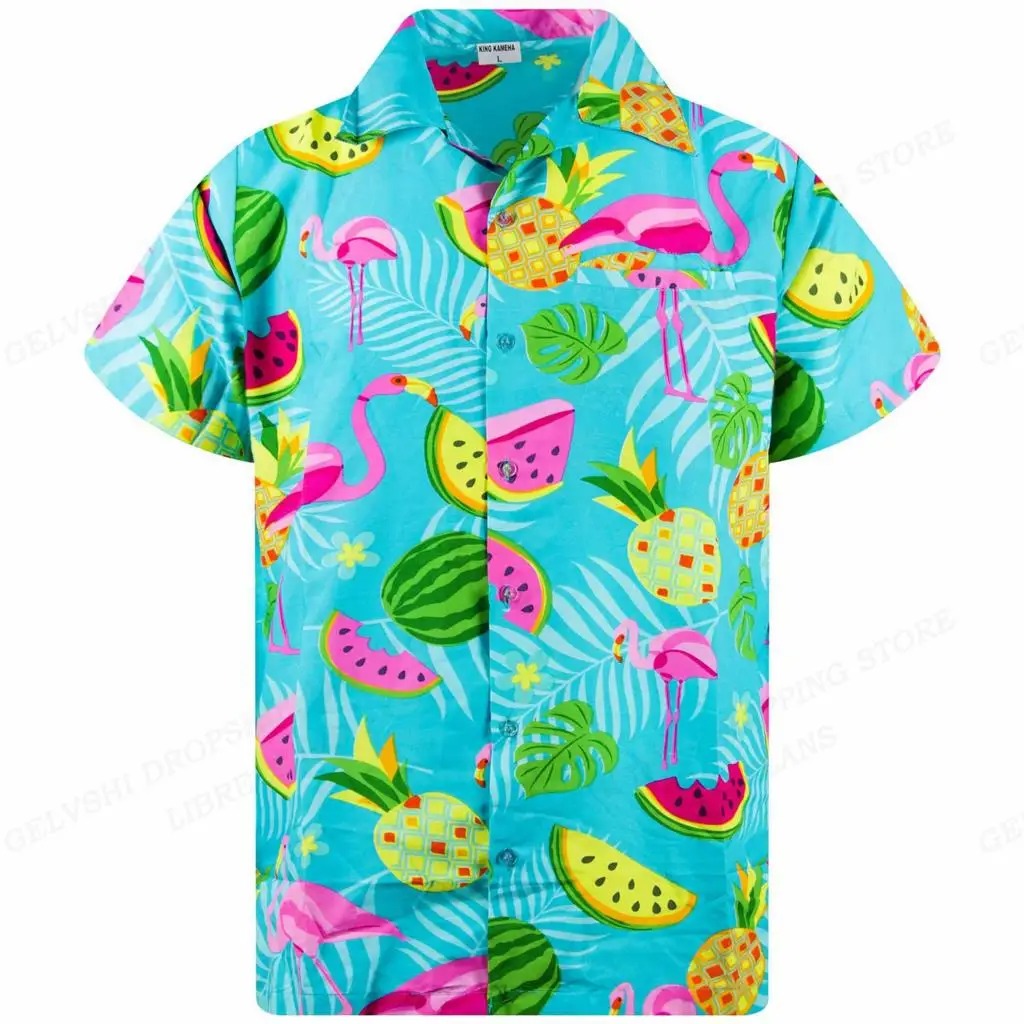 Marco - Camicia con stampa tropicale di fenicotteri e maniche corte