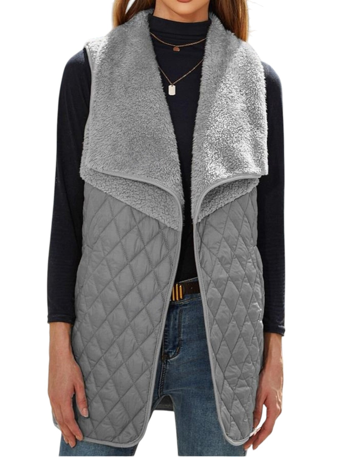 Vanessa - Stylish Quilted Vest with Wide Draped Collar and Open Front