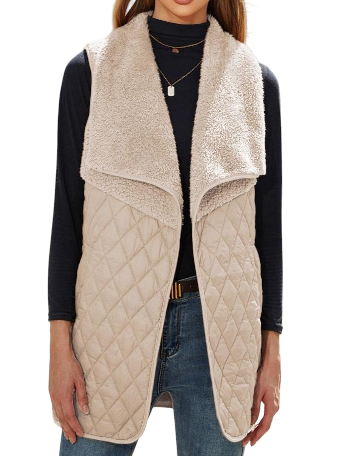 Vanessa - Stylish Quilted Vest with Wide Draped Collar and Open Front