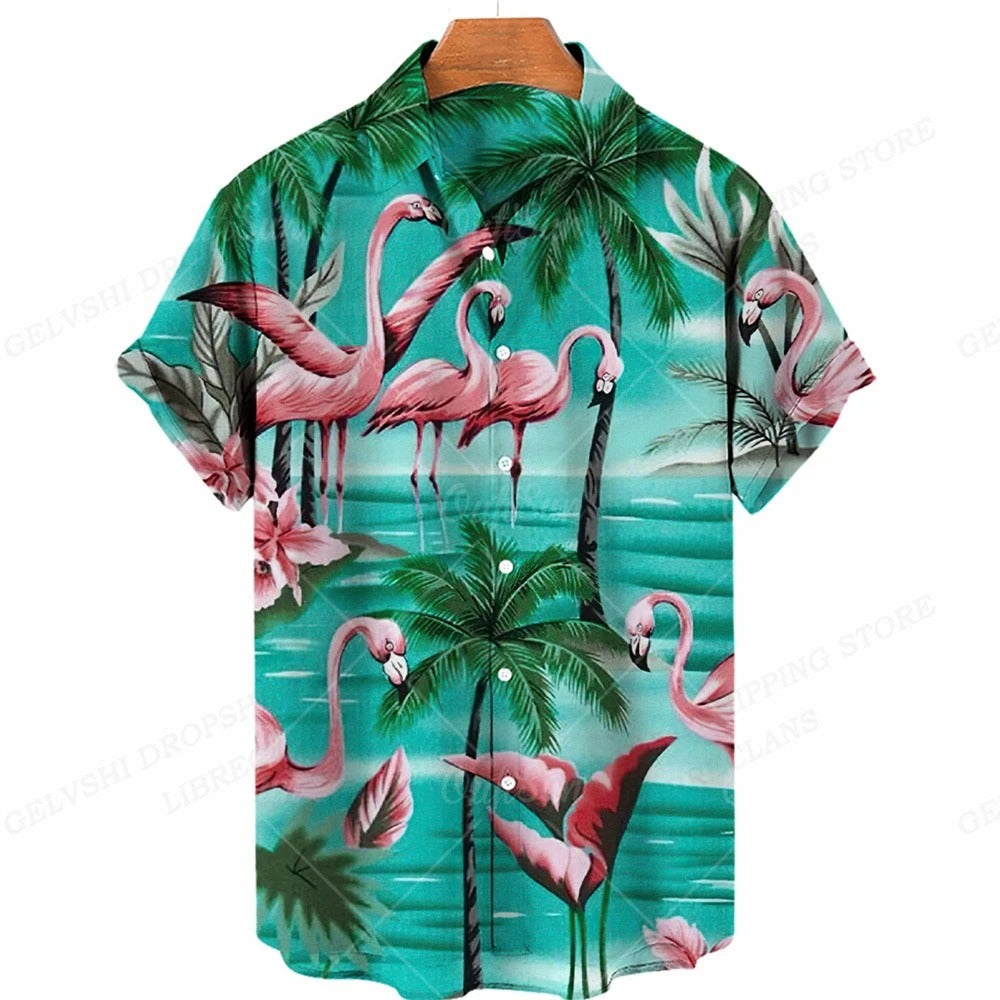 Marco - Camicia con stampa tropicale di fenicotteri e maniche corte