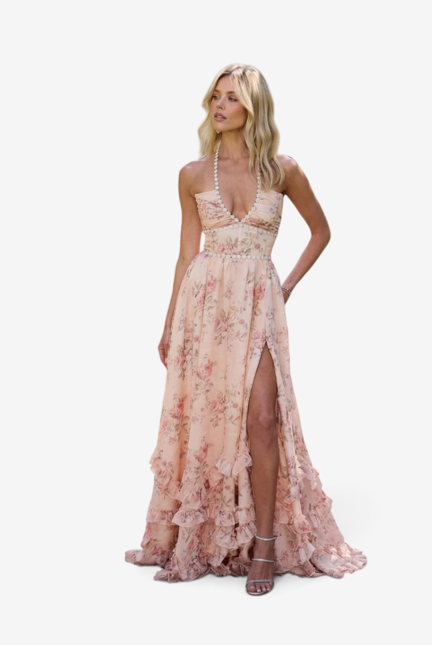 Elegante abito lungo floreale da donna con orlo arricciato