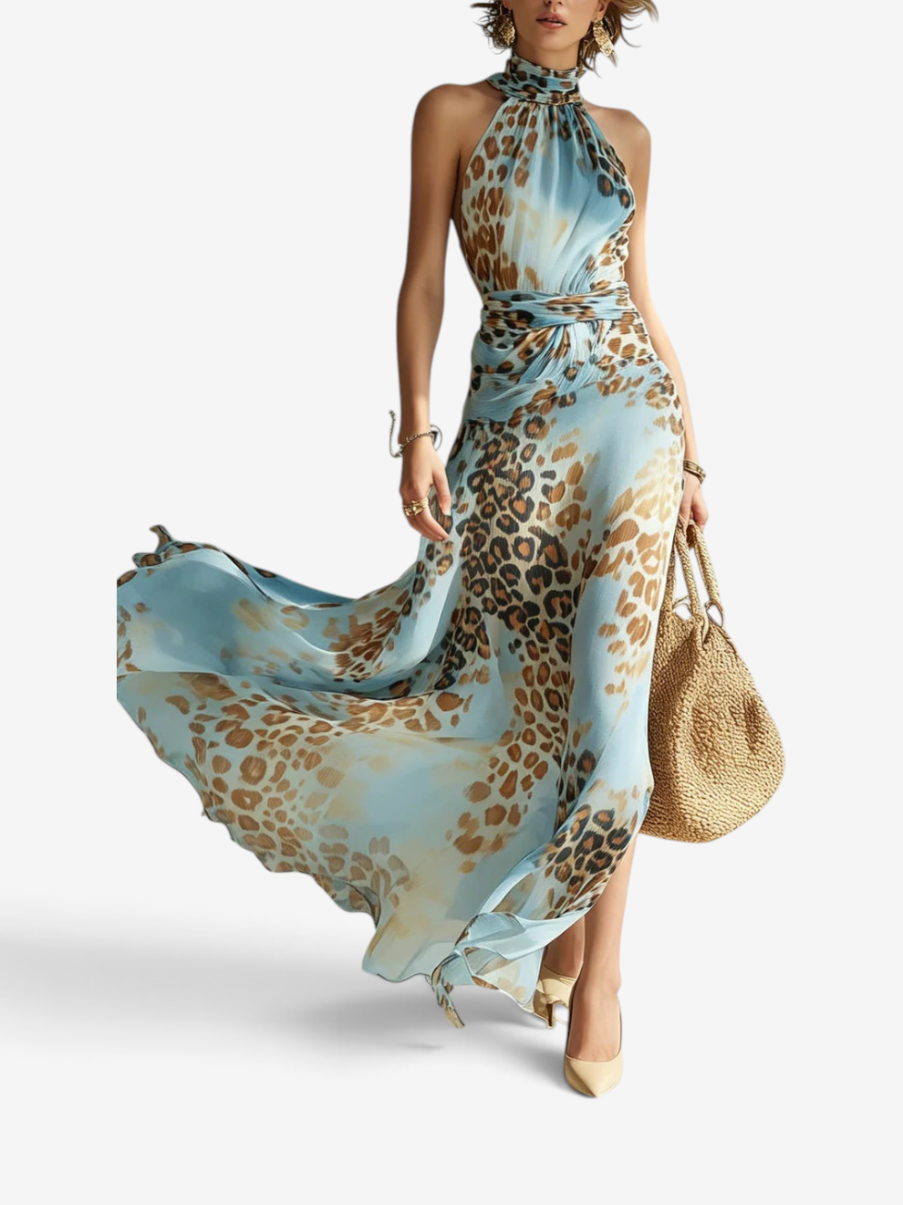 Abito lungo da donna con scollo all’americana e stampa leopardata