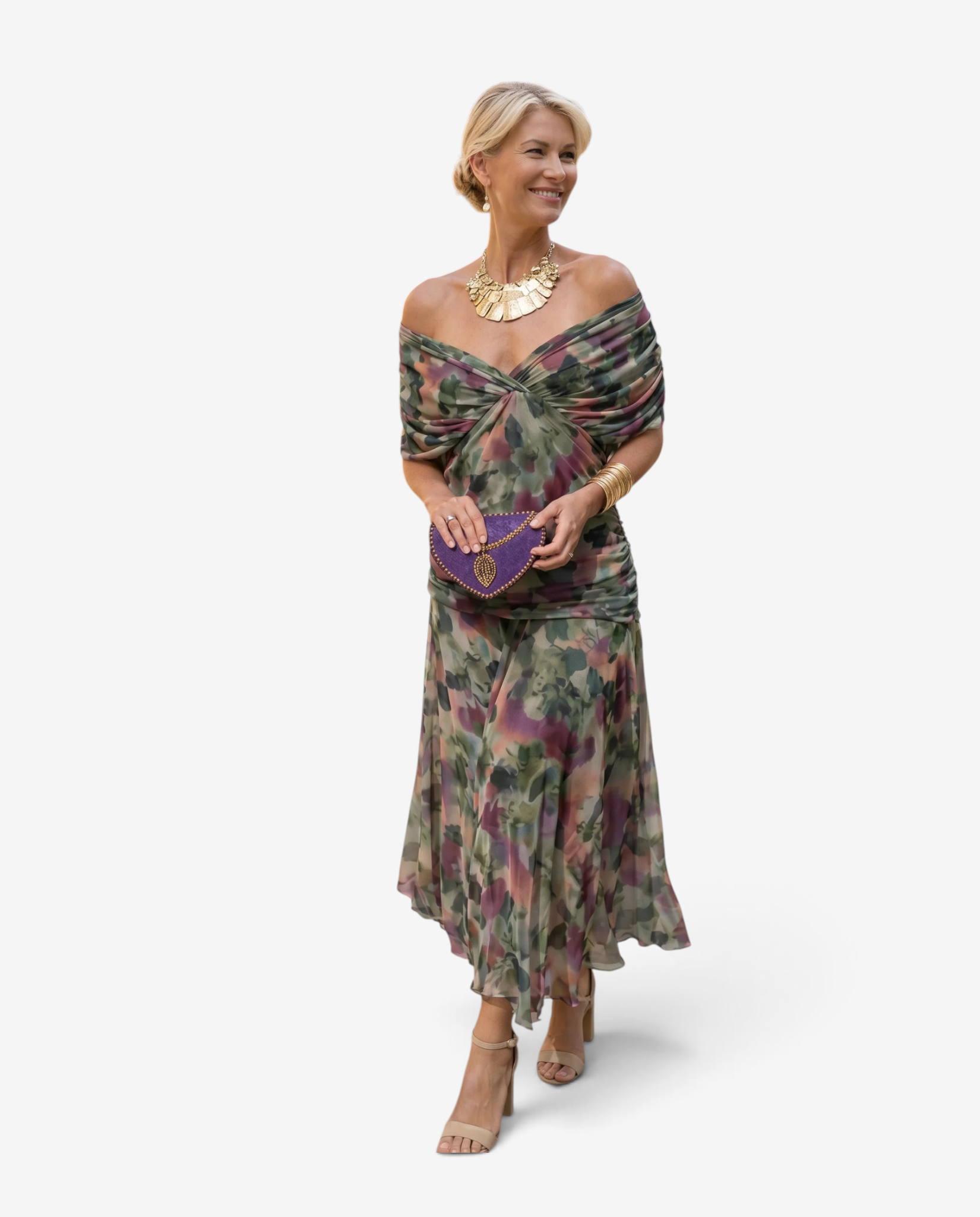 Elegante abito lungo da donna con scollo a V e vita plissettata