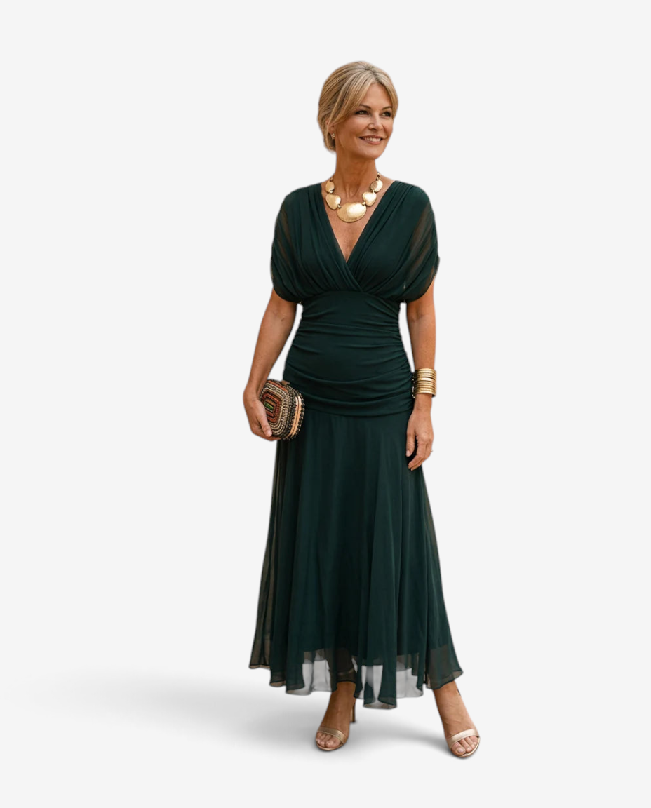 Elegante abito lungo da donna con scollo a V e vita plissettata
