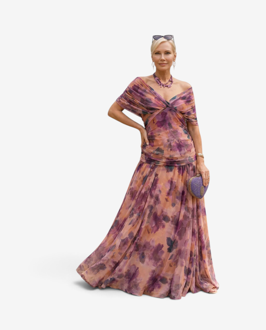 Elegante abito lungo da donna con scollo a V e vita plissettata