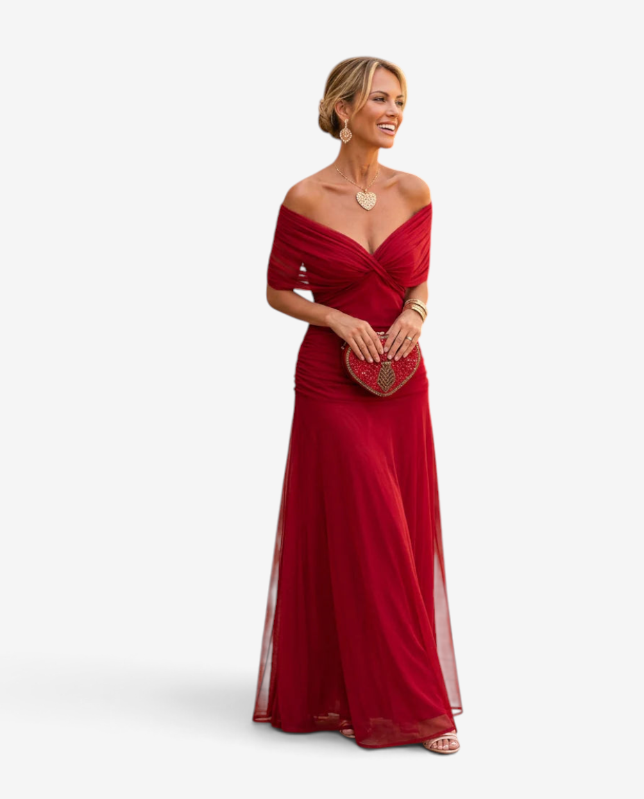 Elegante abito lungo da donna con scollo a V e vita plissettata
