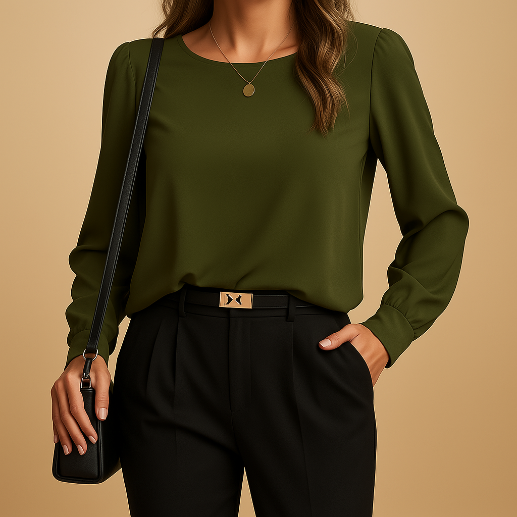 Vanessa – Elegant blouse with long sleeves, round neckline, and relaxed fit