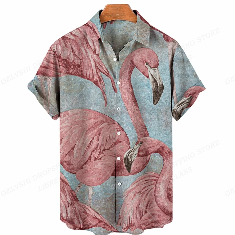 Marco - Camicia con stampa tropicale di fenicotteri e maniche corte