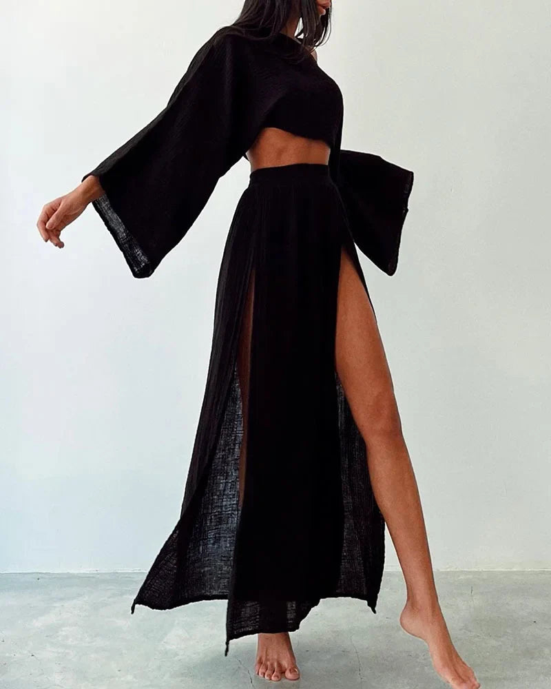 Elena - Elegante completo due pezzi con gonna con spacco e top fluido