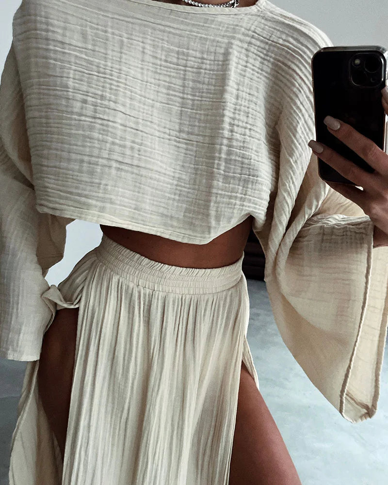 Elena - Elegante completo due pezzi con gonna con spacco e top fluido