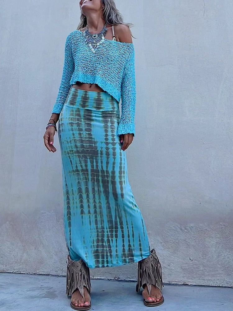 Nora – Ankle-length maxi skirt with tie-dye print and wide waistband