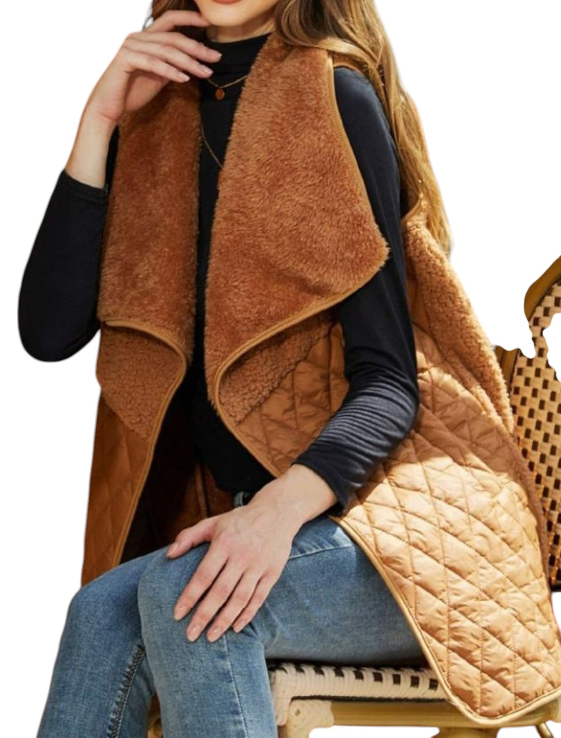 Vanessa - Stylish Quilted Vest with Wide Draped Collar and Open Front