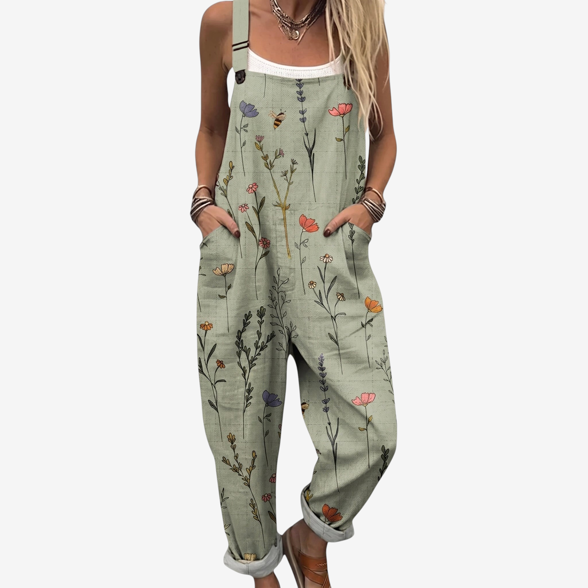 Salopette-pantalon fleurie pour femme avec poches