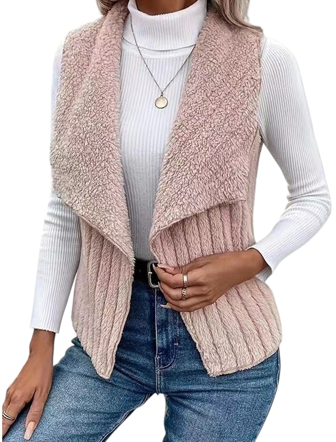 Mira – Stylish sleeveless teddy vest with draped collar and ribbed look