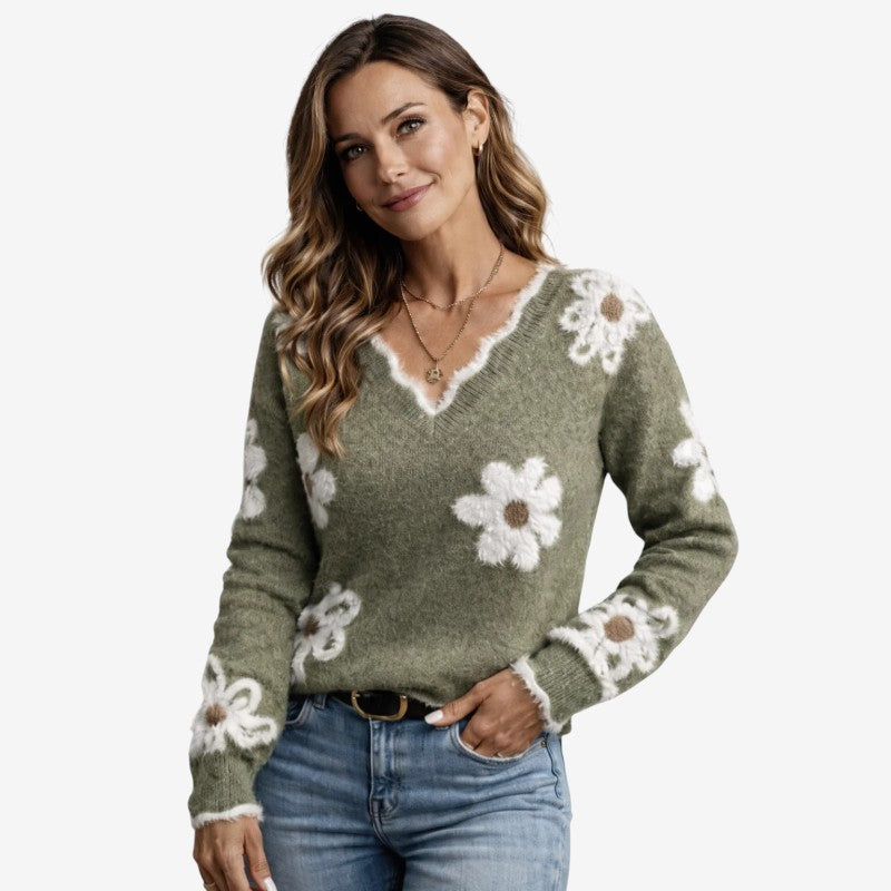 Maglione da donna con scollo a V e ricamo floreale