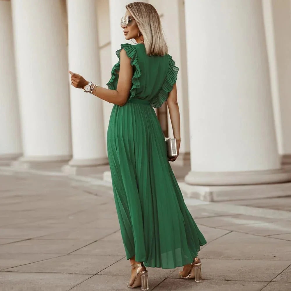 Valina - Elegancka boho sukienka z głębokim dekoltem w serek i paskiem w talii