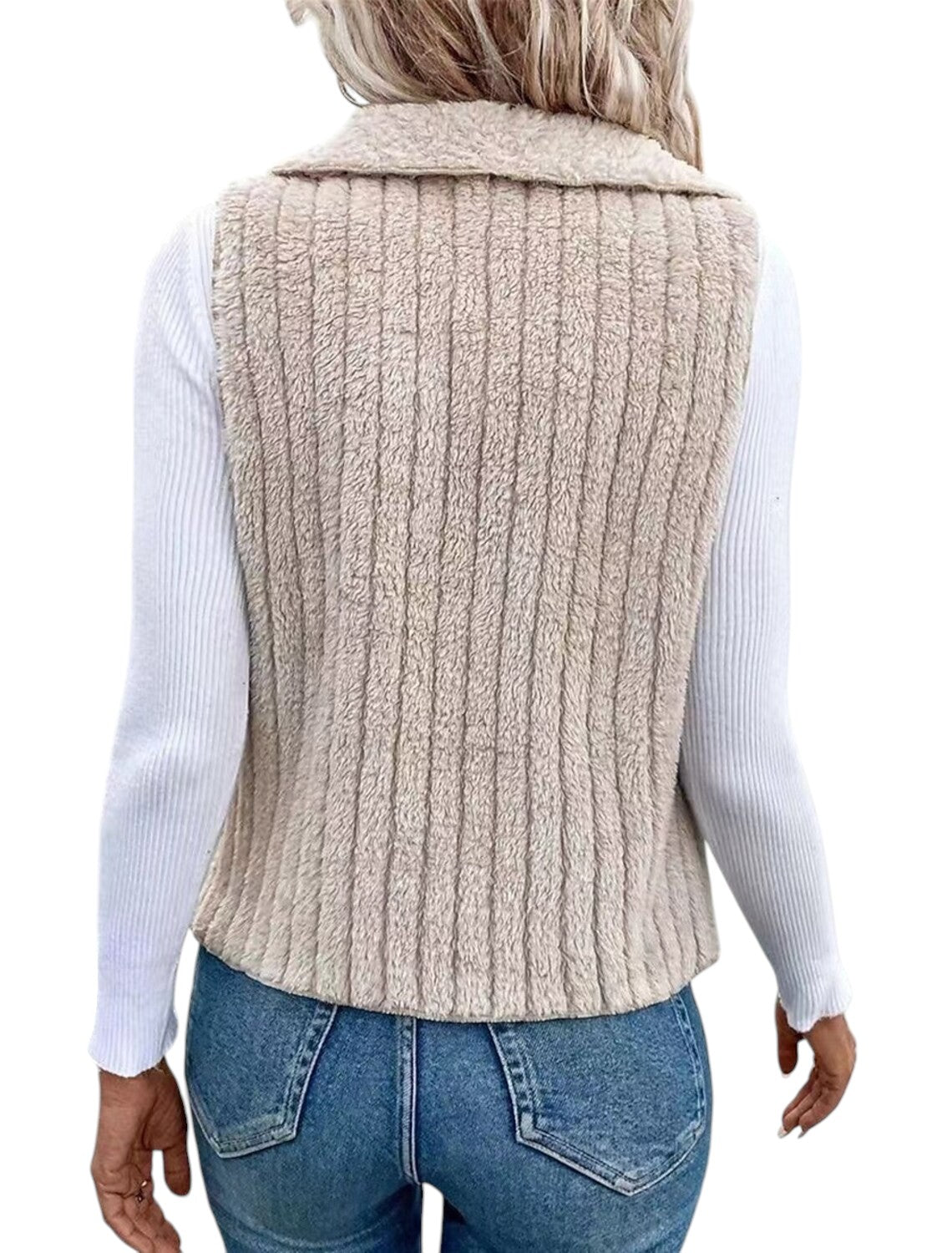 Mira – Stylish sleeveless teddy vest with draped collar and ribbed look