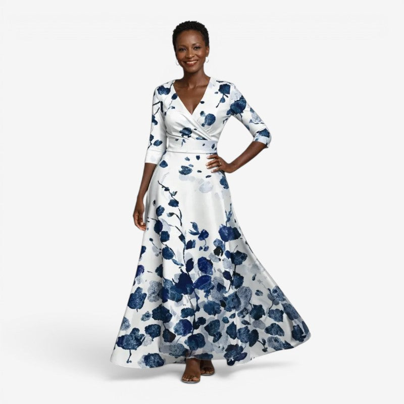 Robe longue fleurie pour femme avec col en V