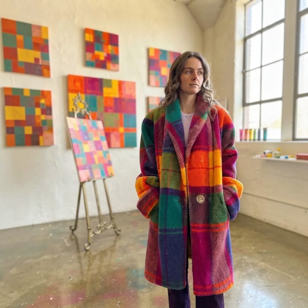 Plaidly - Women's Long Plaid Coat with Notched Collar and Button Closure