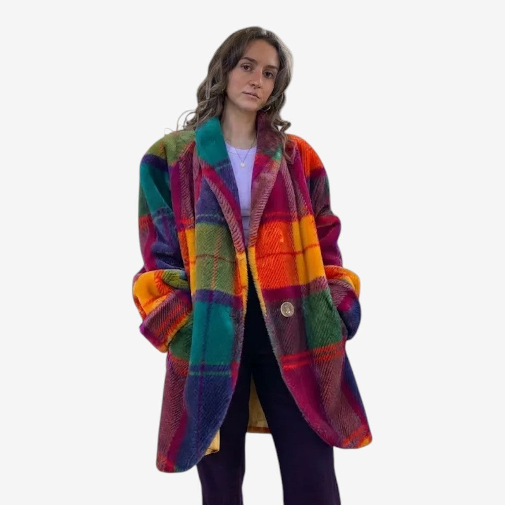 Plaidly - Women's Long Plaid Coat with Notched Collar and Button Closure