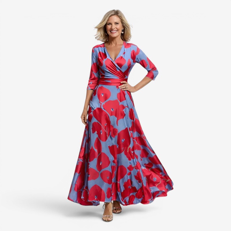 Robe longue fleurie pour femme avec col en V