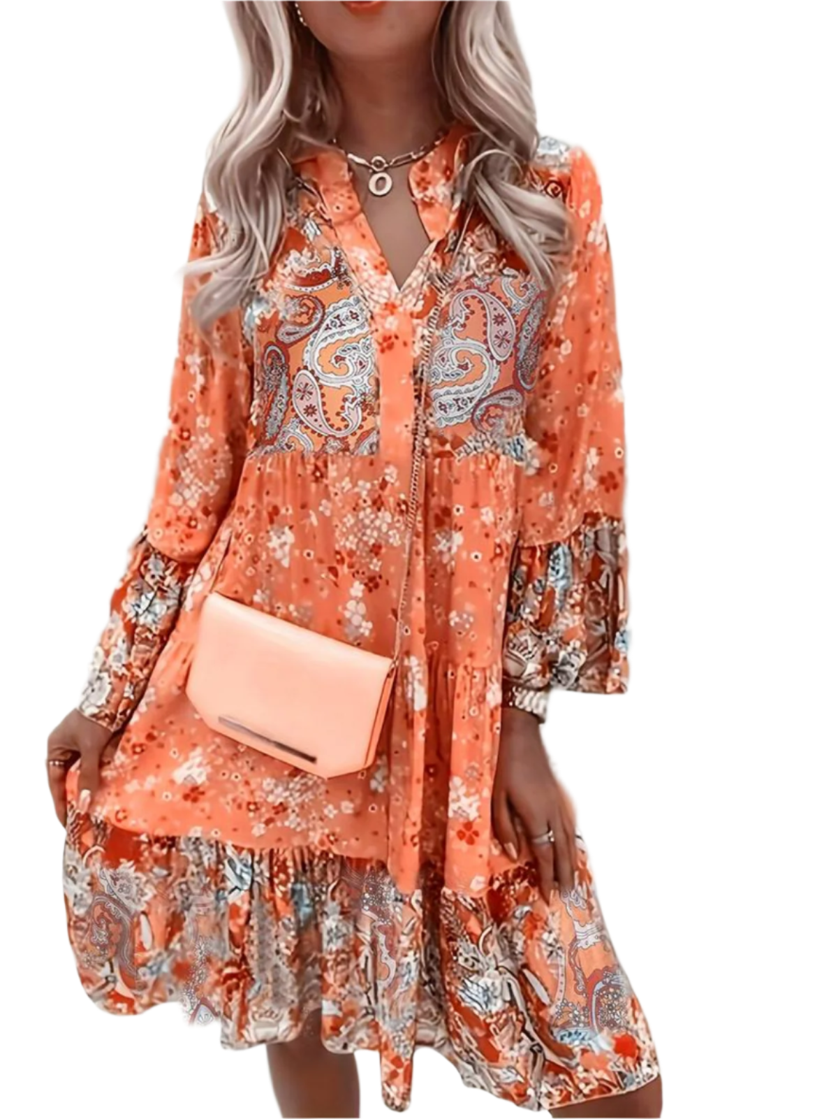 Grace - Elegant printed dress with deep V-neck and pleated long sleeves
