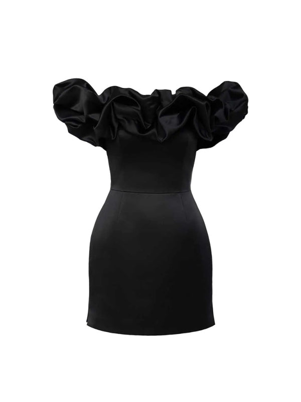 Mila - Abito casual in raso con ruches e scollo alla Carmen