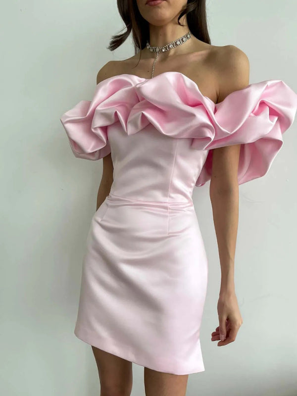 Mila - Abito casual in raso con ruches e scollo alla Carmen