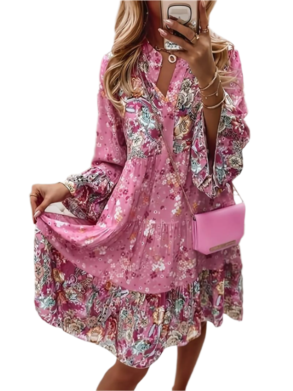 Grace - Elegant printed dress with deep V-neck and pleated long sleeves