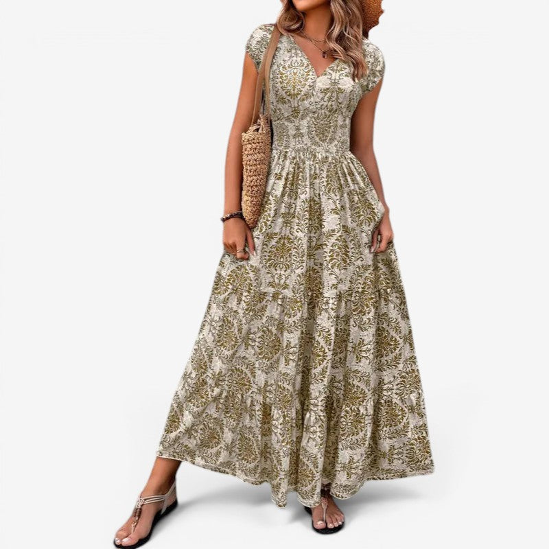 Women’s Maxi Dress with V-Neck and Pattern Print