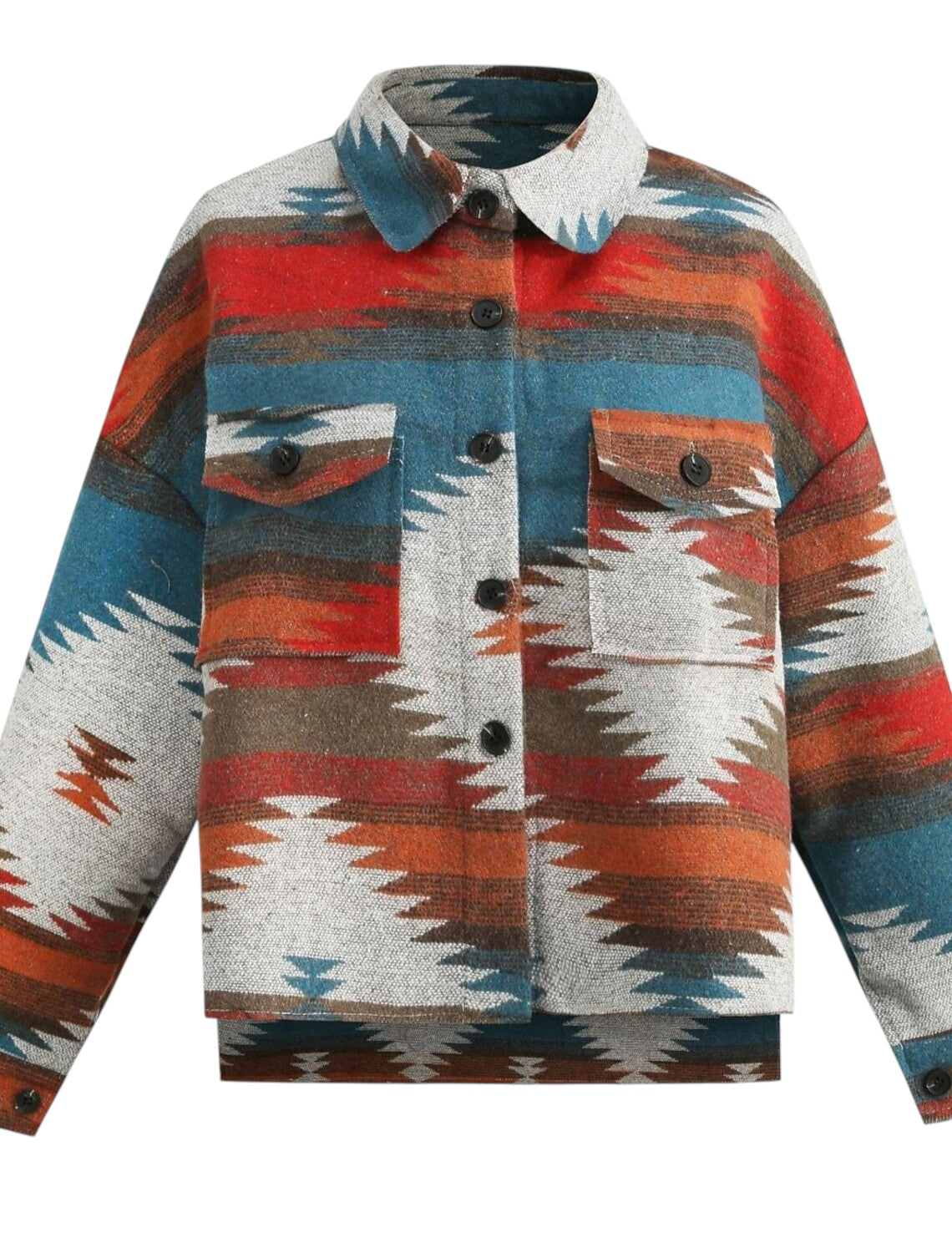 Rachel – Veste oversize à boutons, motif géométrique et poches poitrine