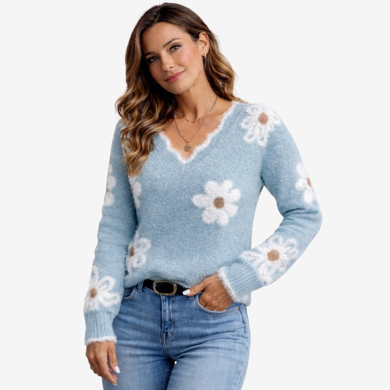 Maglione da donna con scollo a V e ricamo floreale
