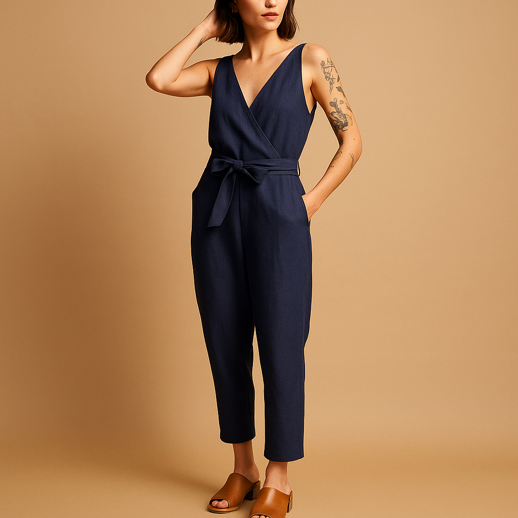 Juna – Combinaison sans manches tendance avec profond col en V et ceinture à la taille