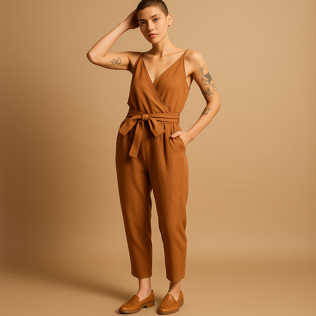 Juna – Combinaison sans manches tendance avec profond col en V et ceinture à la taille