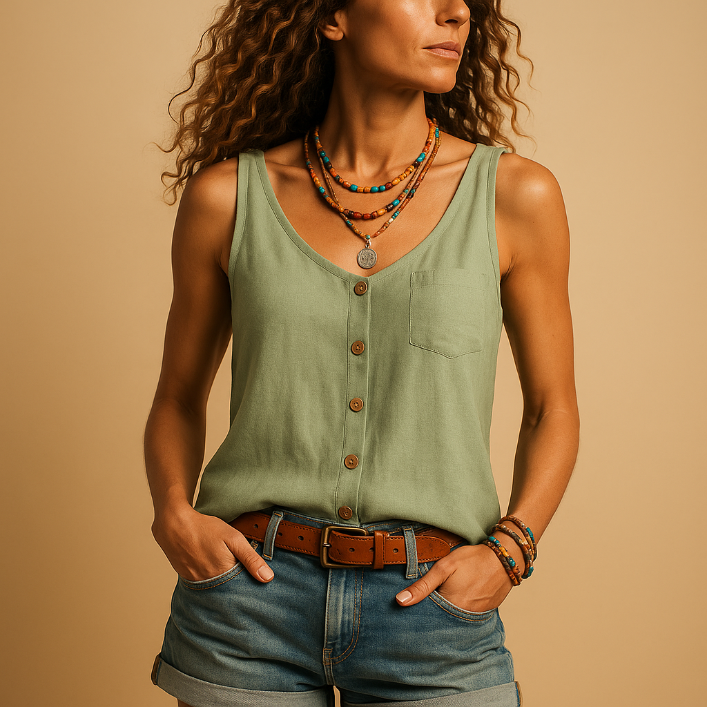 Natasha - Top alla moda con scollo a V profondo e chiusura frontale con bottoni