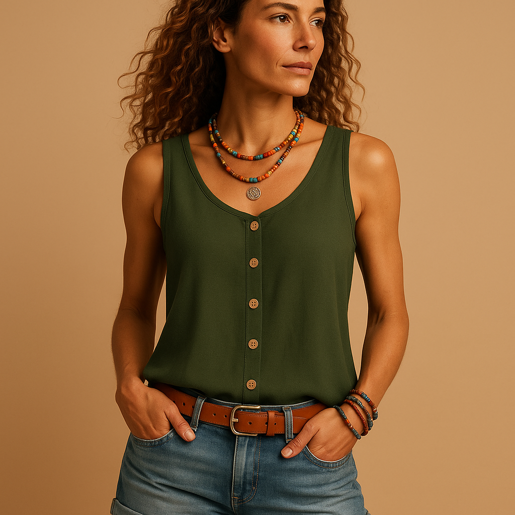 Natasha - Top alla moda con scollo a V profondo e chiusura frontale con bottoni