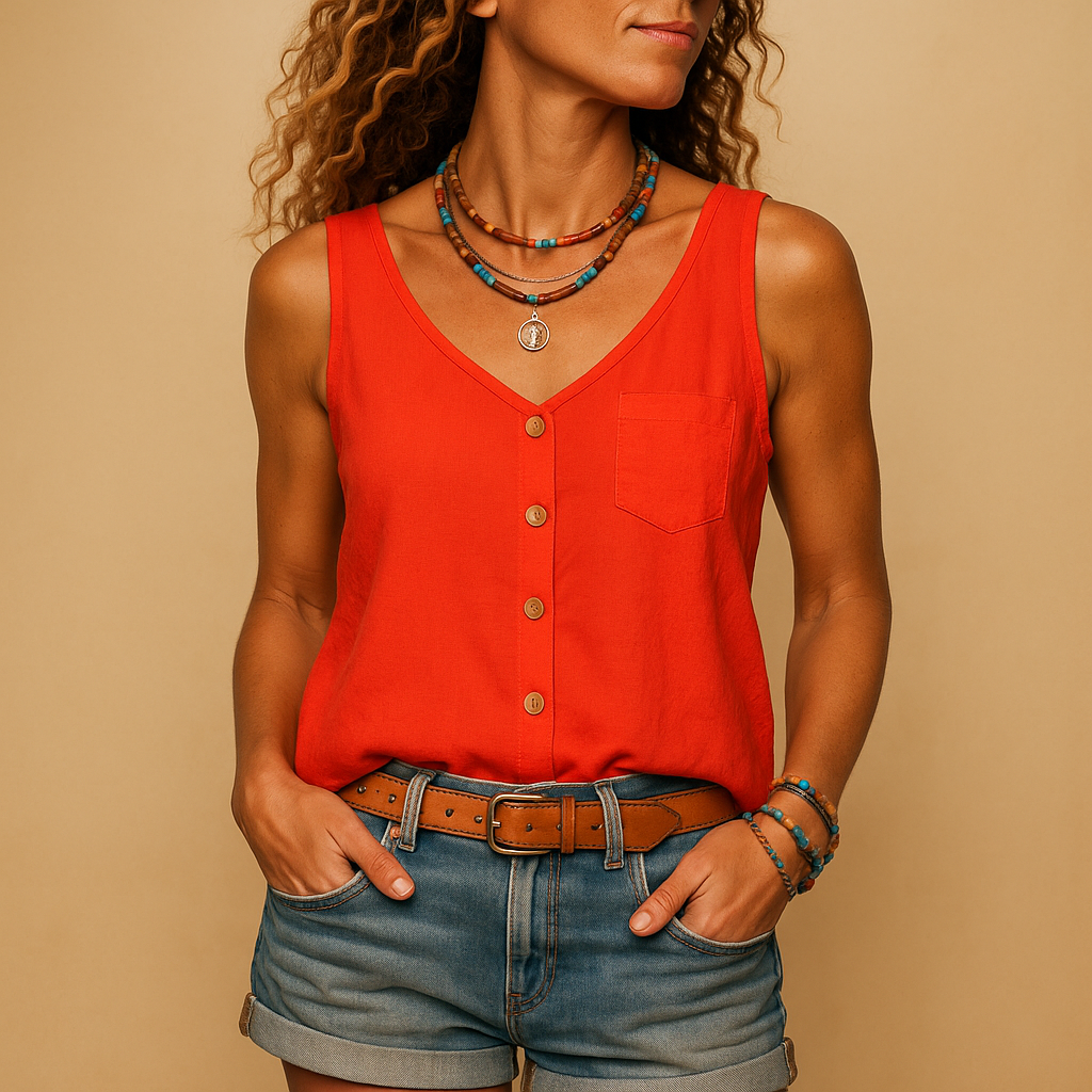 Natasha - Top alla moda con scollo a V profondo e chiusura frontale con bottoni