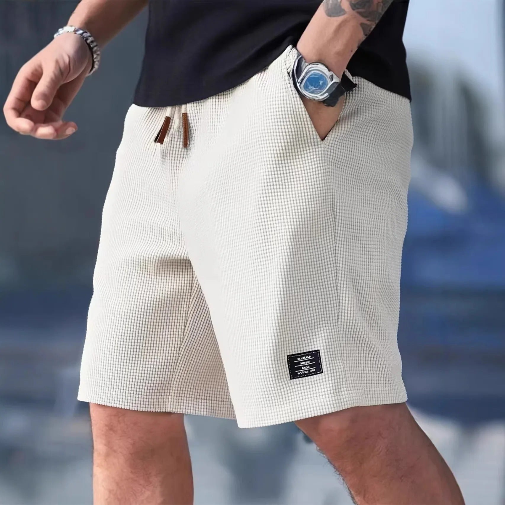 Calções de verão para homem com cintura elástica e cordão de ajuste