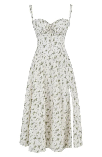 Daisy - Elegancka sukienka midi z rzeźbionym gorsetem i zwiewną spódnicą