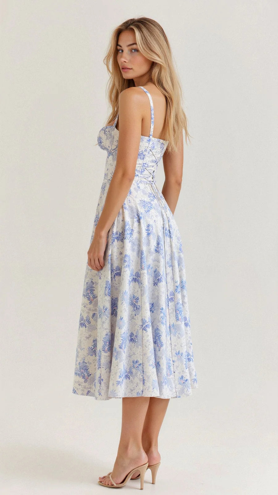 Daisy - Elegancka sukienka midi z rzeźbionym gorsetem i zwiewną spódnicą